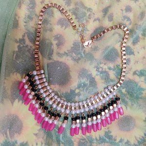 NY necklace Gold box Chain Faux Pearls with Pink & Black Beads